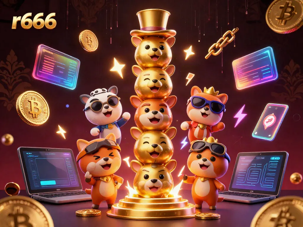 Experience the excitement of r666 casino games with vibrant golden totems and crypto elements in a dynamic digital illustration.