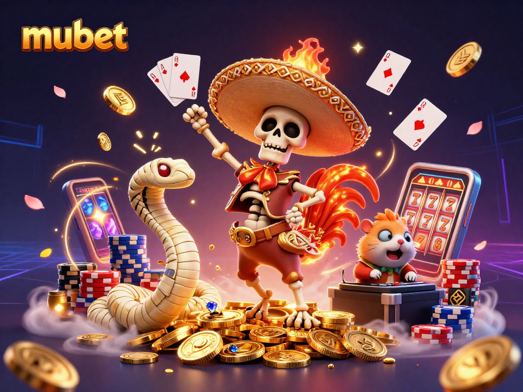 mubet showcases a lively 3D casino scene with winning skeleton mariachi on coins.