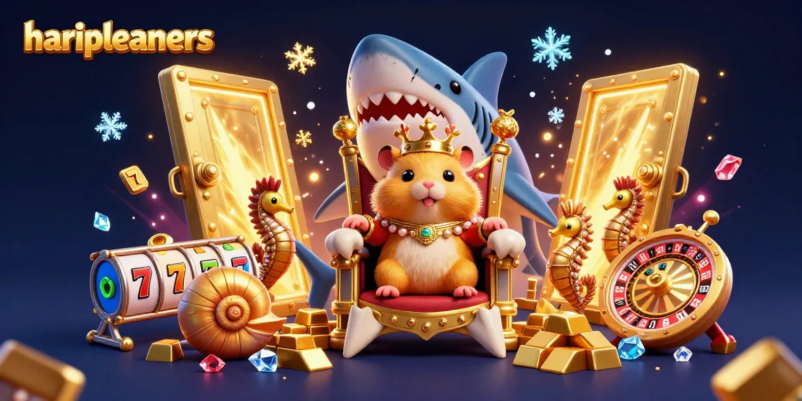 Engage with haricleaners' vibrant casino atmosphere featuring a golden hamster king amid gaming treasures.