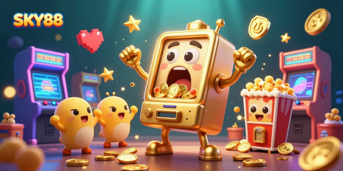 Experience thrilling moments at SKY88 as golden slot machines celebrate big wins amid vibrant arcade games.