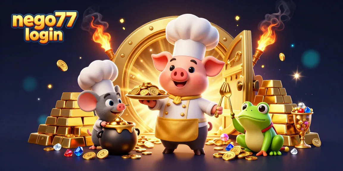 Engage with the exciting world of NEGO77 login featuring dynamic characters amidst gold coins and casino elements.