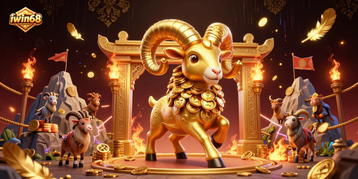 Iwin68 features a captivating golden ram at a casino gate, surrounded by vibrant gambling elements.