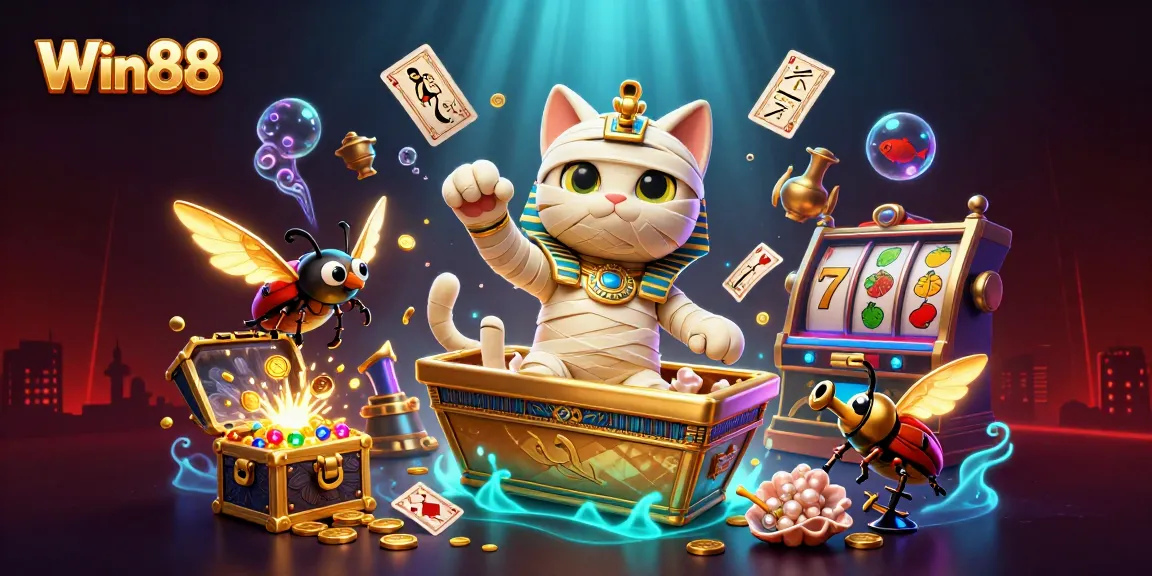 Win88 showcases a thrilling scene with an Egyptian mummy cat and a scarab beetle amidst vibrant casino elements.