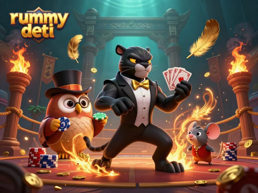 Rummy Deity: Kartu dan chip poker dikelilingi elemen kemewahan dalam ilustrasi mengesankan.