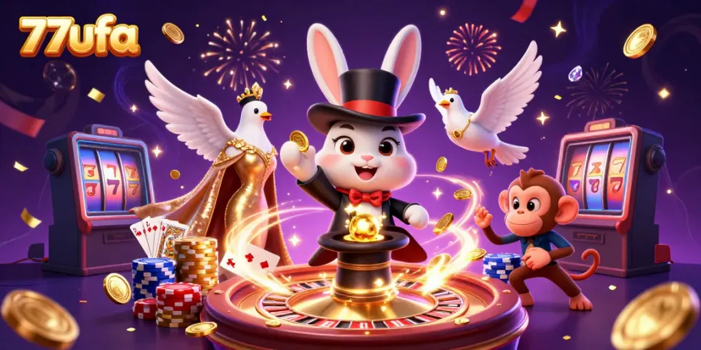 Experience excitement at 77ufa with a dynamic scene of a magician rabbit, a dove, and a monkey amidst casino treasures.
