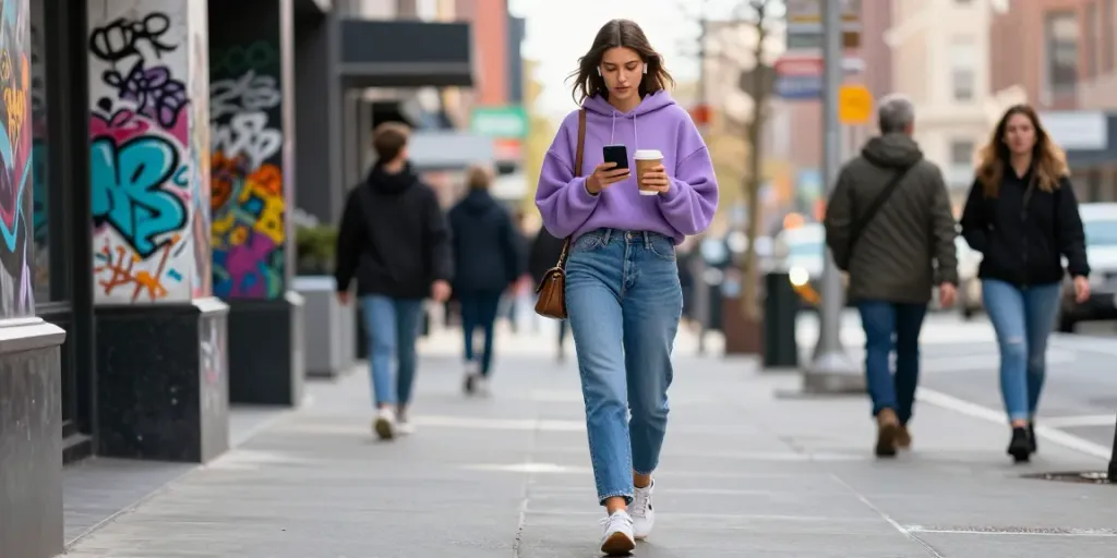 Stylish woman in streetwear enjoying city life, showcasing peh888 lifestyle trends.