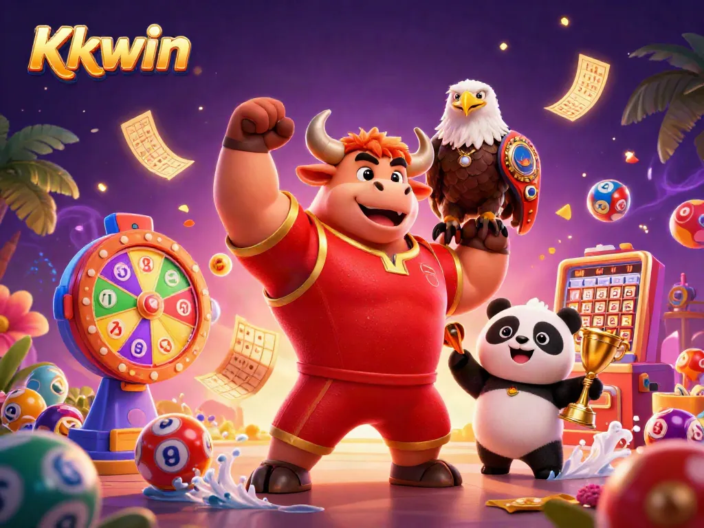 Kkwin gaming scene showcasing excitement with dynamic lottery elements, vibrant characters celebrating a win.