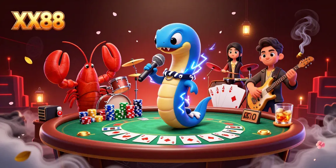 Engage with the electrifying scene of XX88 featuring an electric eel DJ amidst poker elements, delivering a vibrant casino experience.
