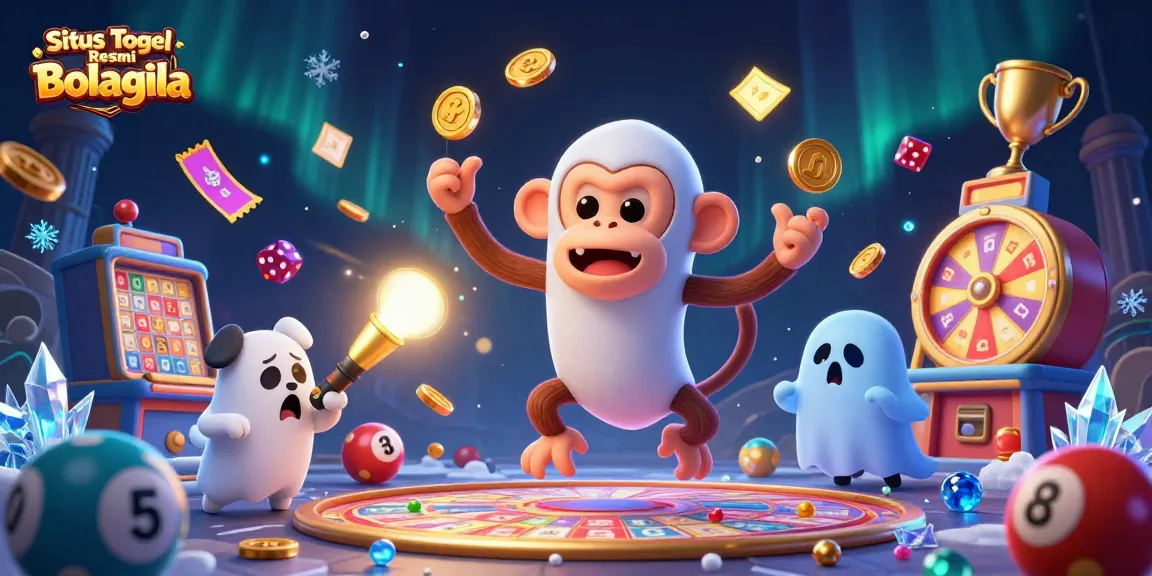 Situs Togel Resmi Bolagila, ilustrasi animasi 3D dengan mesin lotere dan piala emas, menampilkan karakter beraksi.