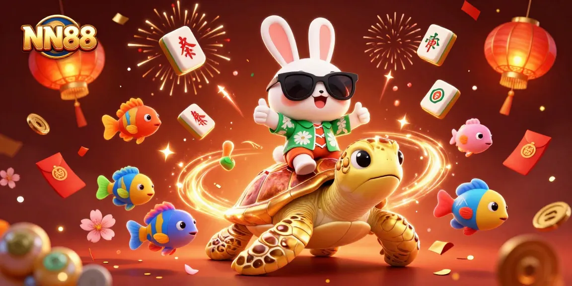 Engage with NN88's vibrant casino experience through a playful illustration featuring a lucky rabbit and golden sea turtle.