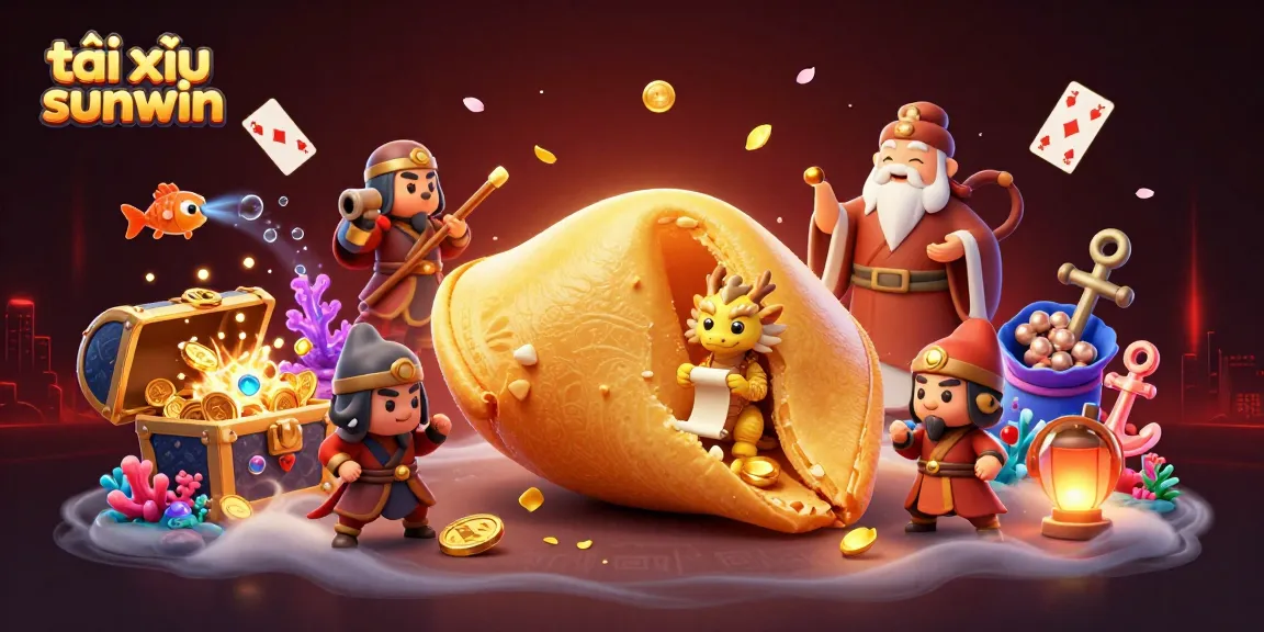 Engage in exciting tài xỉu sunwin with golden fortune cookie, dragon, and treasure elements.