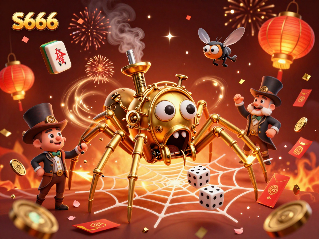 S666 delights players with a vibrant 3D steampunk spider scene showcasing thrilling casino elements.