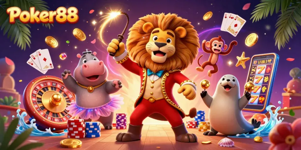 Join the fun with Poker88's vibrant casino scene featuring playful characters and lively game elements.
