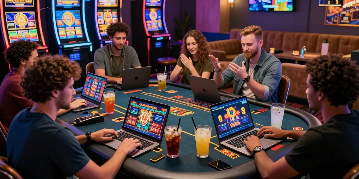 Players enjoying various casino games while discussing Free No Deposit Bonus offers at a vibrant online gaming platform.