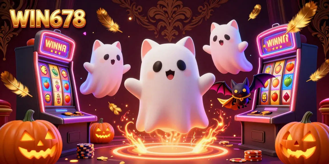 Engage with WIN678's thrilling casino experience, featuring ghost cats and glowing jack-o-lanterns.