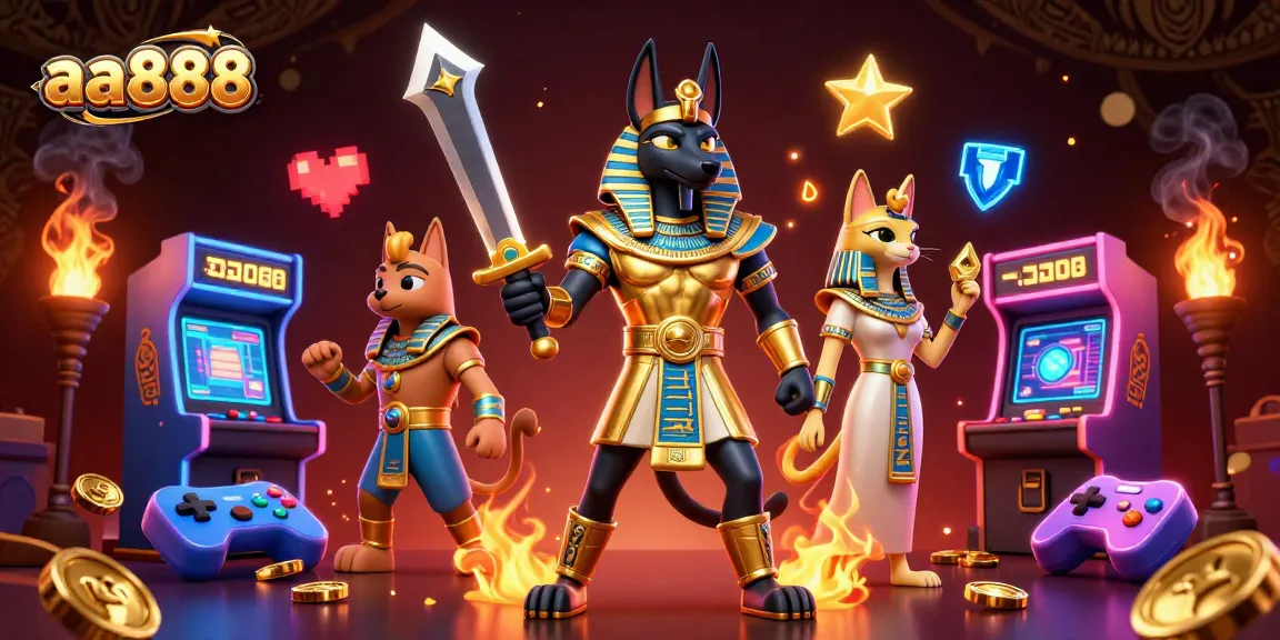 Experience thrilling bets at aa888 with the legendary Anubis and Bastet in a dazzling casino scene
