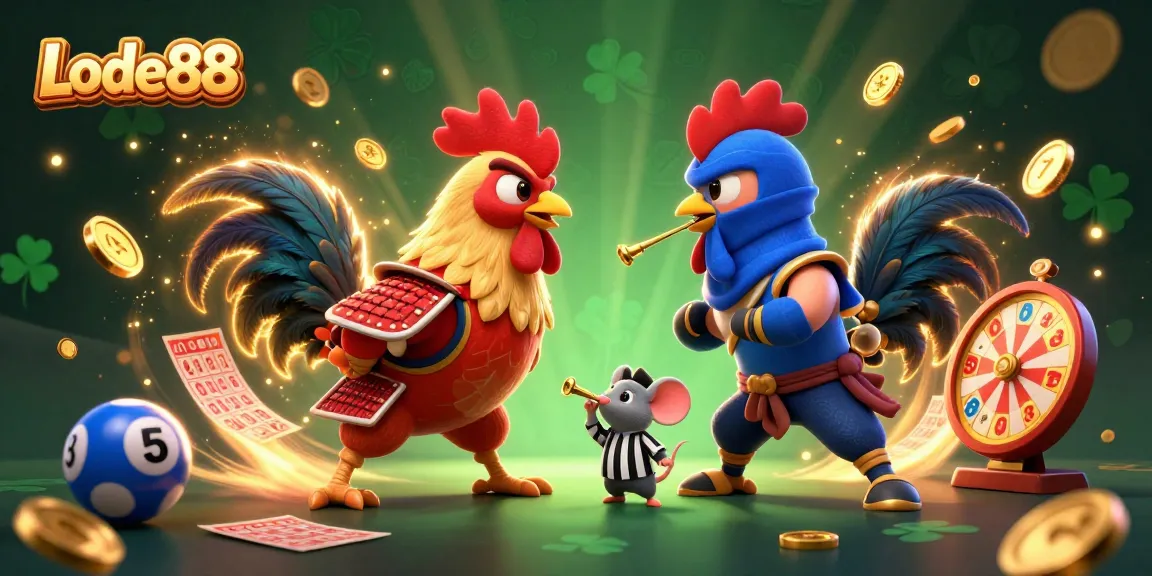 Join the thrilling Lode88 lottery action with twin roosters in a dramatic standoff, showcasing dynamic gaming elements.