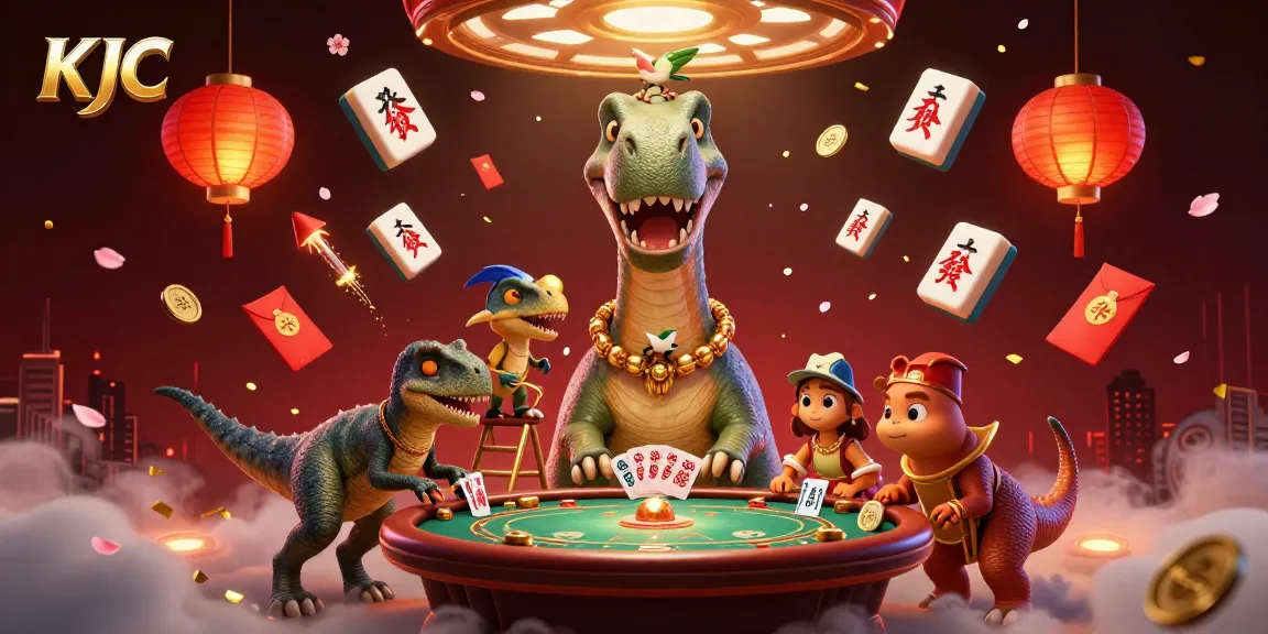 KJC's dynamic casino scene with a brontosaurus and raptor dealing cards at a poker table.