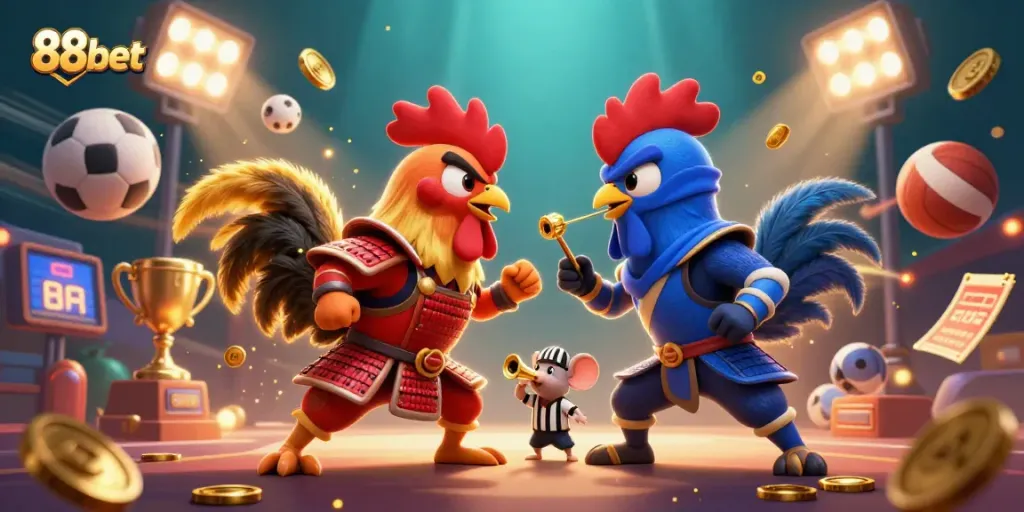 Engage with 88bet's thrilling action featuring dynamic roosters and vibrant sports elements in this 3D illustration.