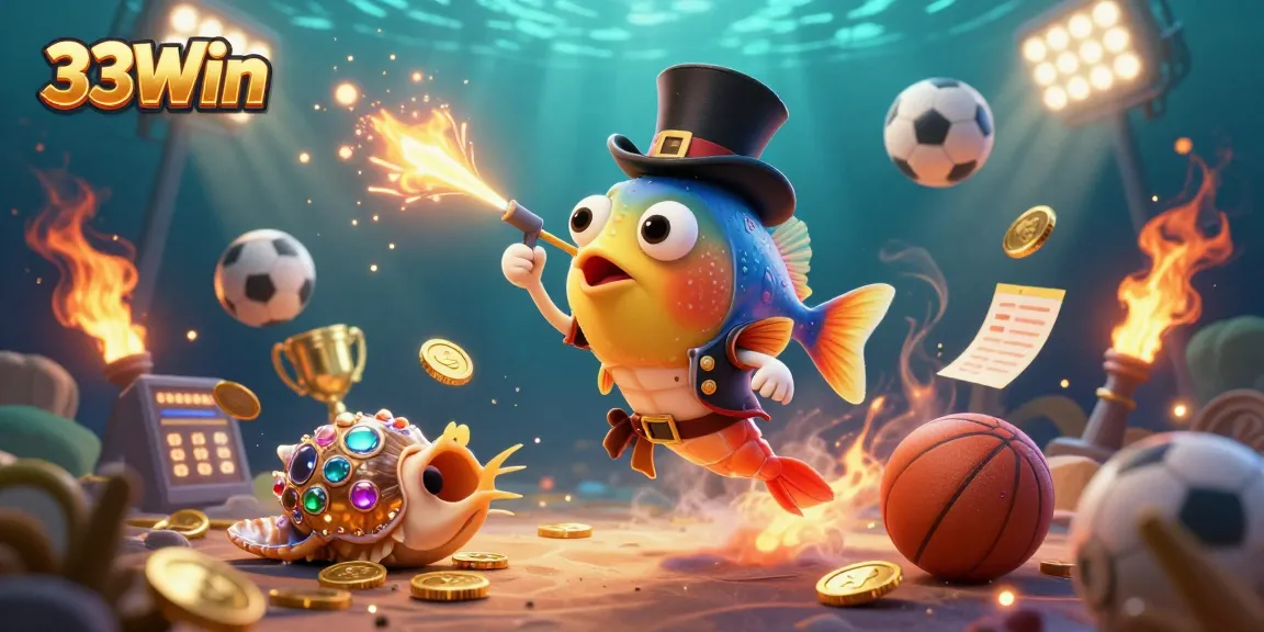 Win big with 33Win in this vibrant 3D casino scene featuring adventurous sea characters and dynamic sports elements.