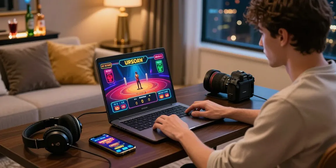 Engaged player at credit card casinos enjoying a live dealer game on laptop, showcasing vibrant casino graphics.