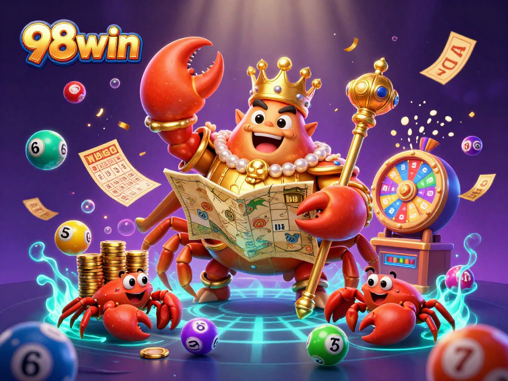 Engage with 98win's vibrant casino world featuring a golden crab emperor, lively lottery scenes and treasures.