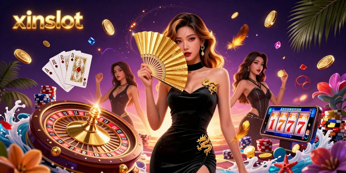 XINSLOT's enchanting gaming world featuring a stunning Asian woman and dynamic casino elements.
