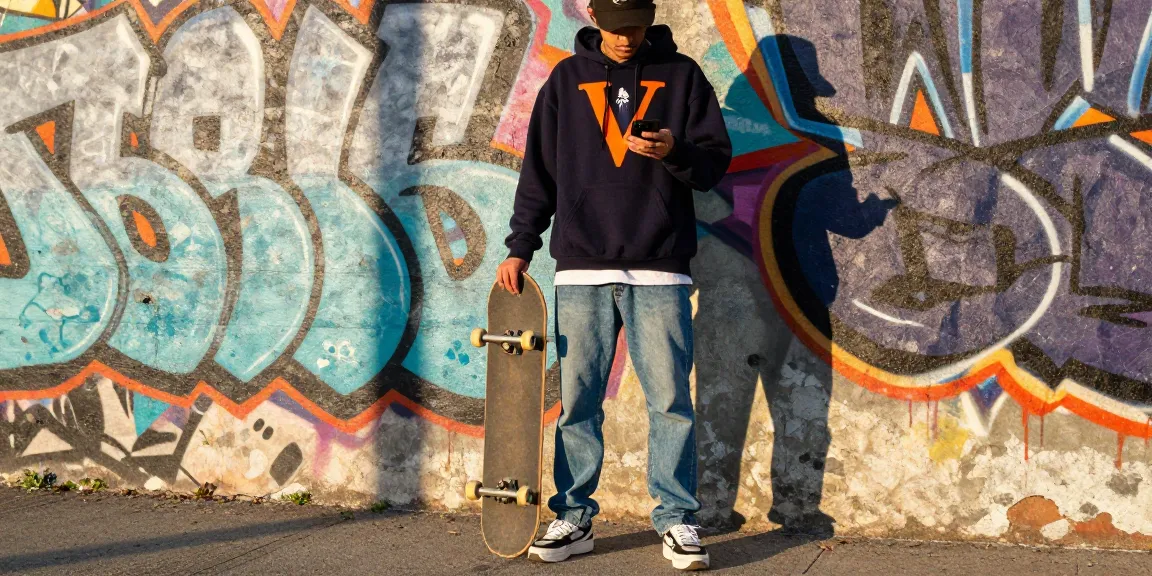 Vlone.co fashion scene featuring model in iconic Vlone hoodie and vibrant graffiti backdrop, emphasizing streetwear style.
