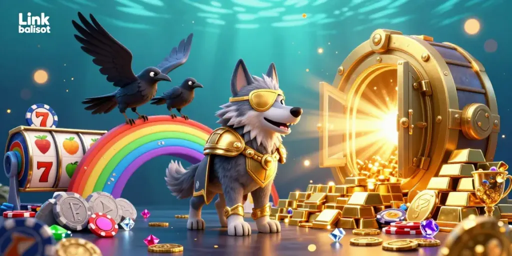Experience the excitement of Link balislot with Odin and his ravens amidst a vibrant, treasure-filled casino landscape.