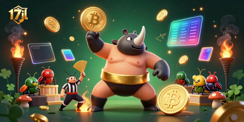 Experience the thrilling world of 17jl where a rhinoceros beetle sumo champion stomps for riches.
