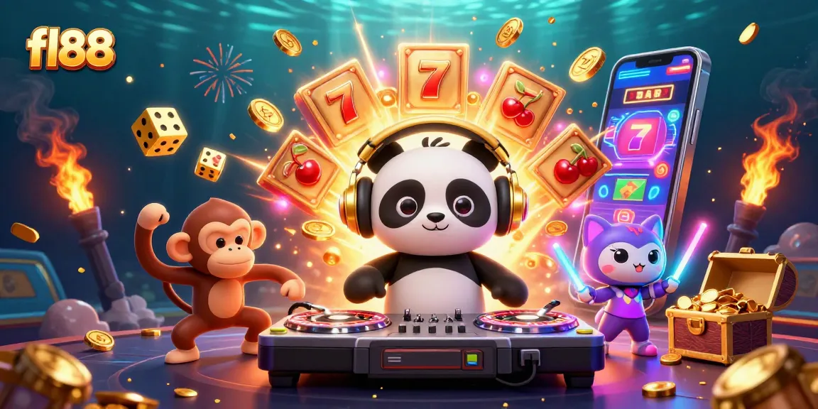 Spin to win with fl88 in a vibrant 3D casino scene featuring a DJ panda and exploding jackpots.