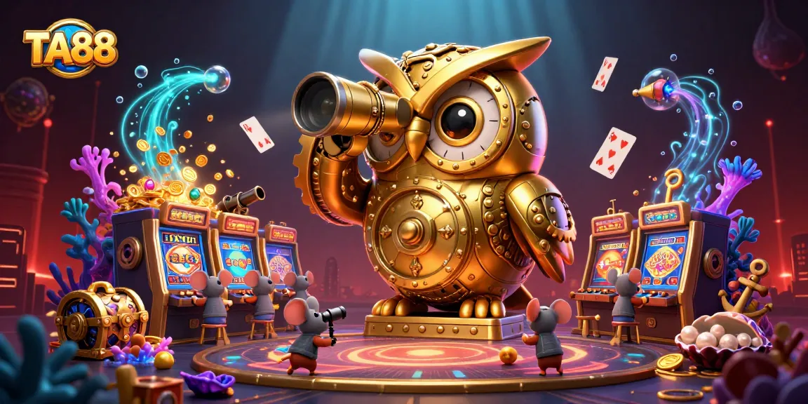 TA88 vibrant casino scene with a clockwork owl overseeing action between slot machines and animated cards.