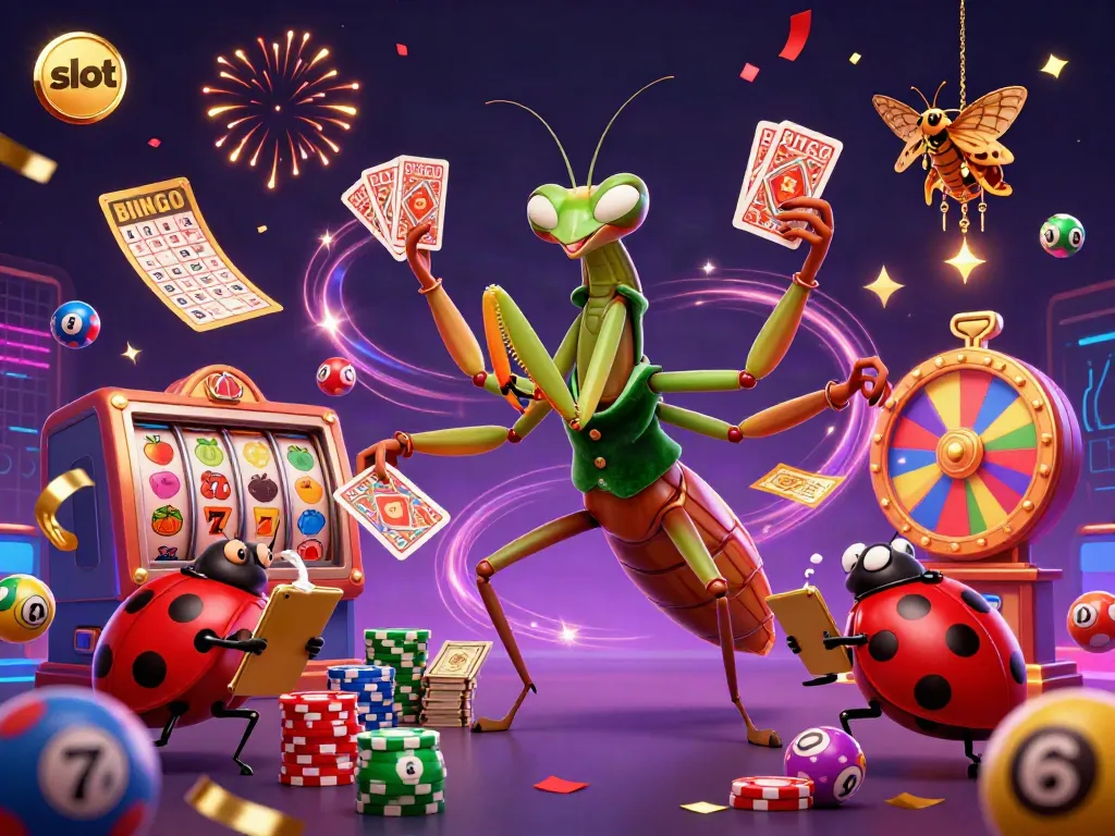 Engaging slot scene featuring a giant praying mantis card sharp and ladybug pit boss amidst vibrant casino elements.