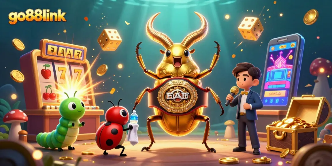 Engage with go88link's thrilling casino atmosphere featuring a golden stag beetle champion amidst a jackpot explosion.