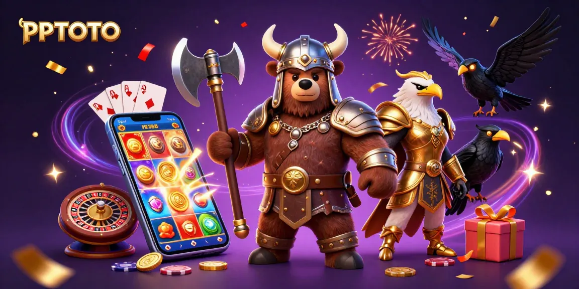 PPTOTO menampilkan suasana kasino yang mendebarkan dengan beruang Viking, elang Valkyrie, dan elemen permainan.