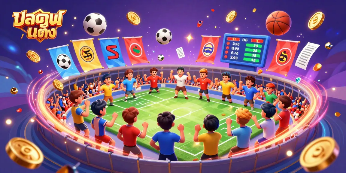Experience แทงบอลเต็ง excitement with animated sports heroes, betting slips, and dynamic visuals in this 3D scene.