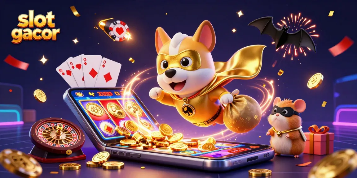 Exciting slot gacor action with a superhero dog and sidekick collecting coins in a vibrant casino scene.