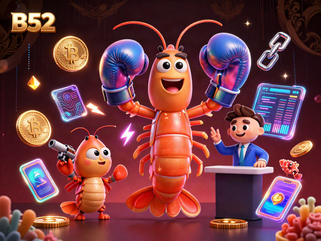 B52 casino game illustration showcasing energetic mantis shrimp and crypto elements