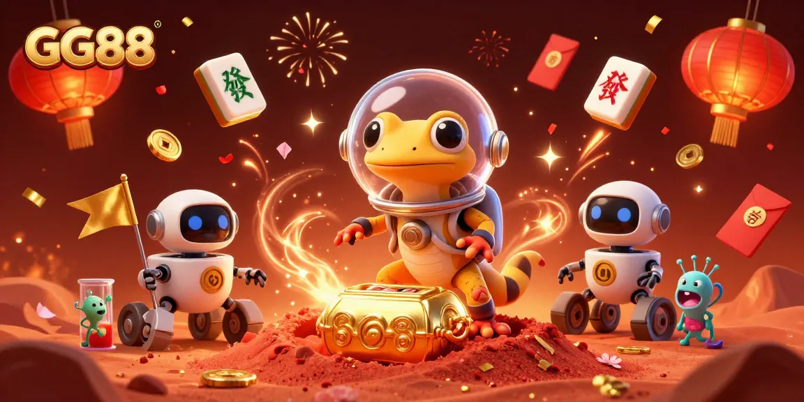 GG88 invites players to win in a vibrant casino scene with Martian gecko characters celebrating success.