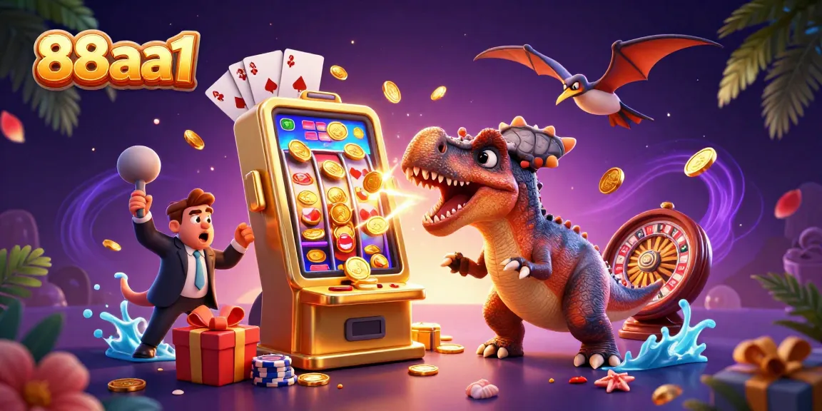 Experience the excitement of 88aa1 with a dinosaur jackpot scene showcasing big wins at a casino.