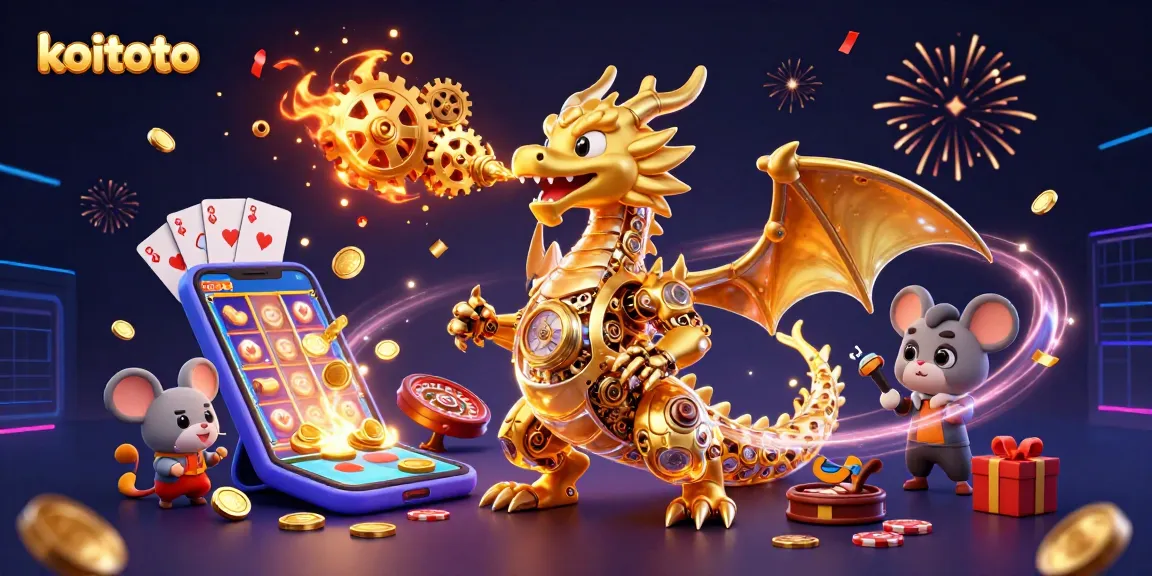 Koitoto enhances gameplay with a golden dragon and engineer amid vibrant casino elements and fireworks.