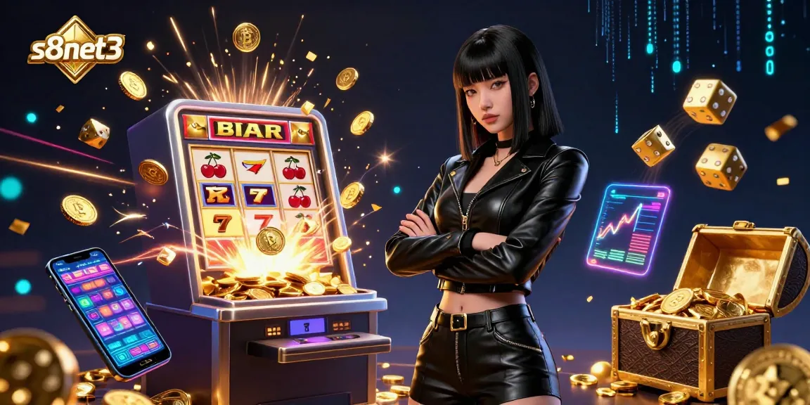 The dynamic scene showcases the exuberance of online gambling with s8net3, featuring an Asian woman in a sleek outfit surrounded by a jackpot explosion, Bitcoin coins, and lively casino elements.