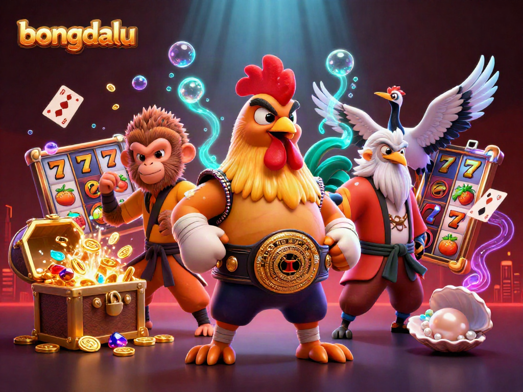Bongdalu showcases a vibrant 3D illustration with a Muay Thai rooster and a Shaolin monkey amidst slot game elements.