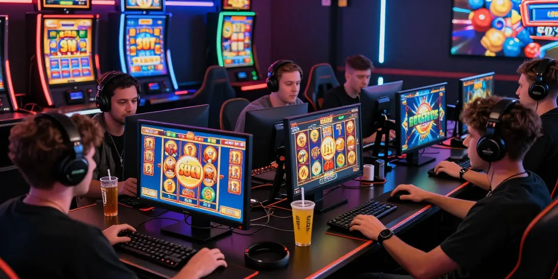 Penggemar cipung138 bermain game slot online dengan semangat, suasana penuh warna dan aksesori gaming di meja.