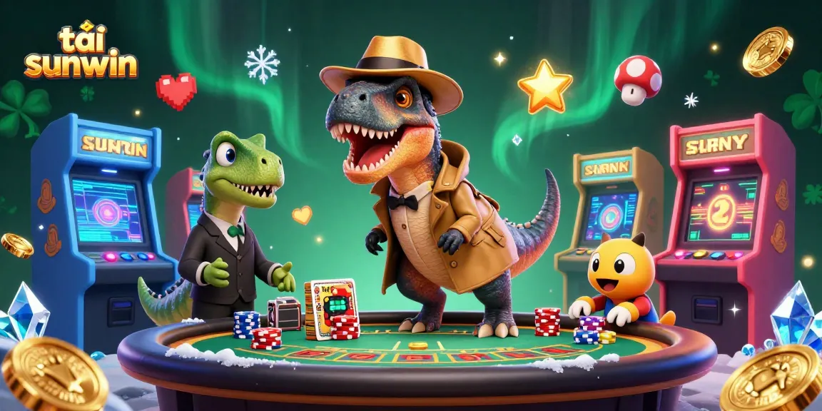 Tải sunwin features a velociraptor card counter at blackjack surrounded by colorful arcade games and dynamic casino elements.