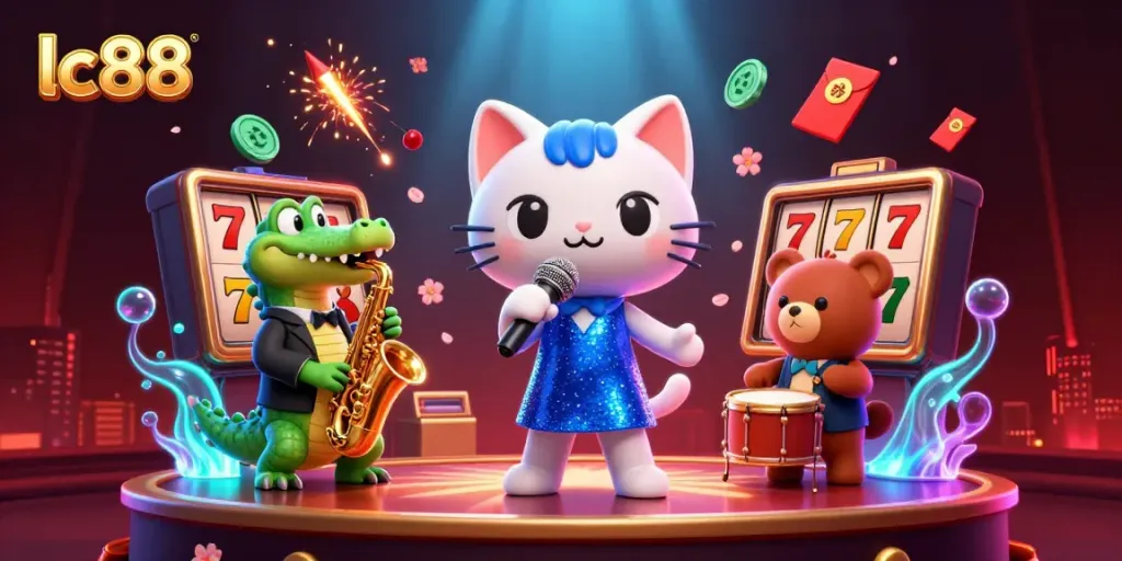 Engage in excitement with lc88 in a vibrant casino scene featuring a singing cat, a saxophone-playing crocodile, and a drumming bear.