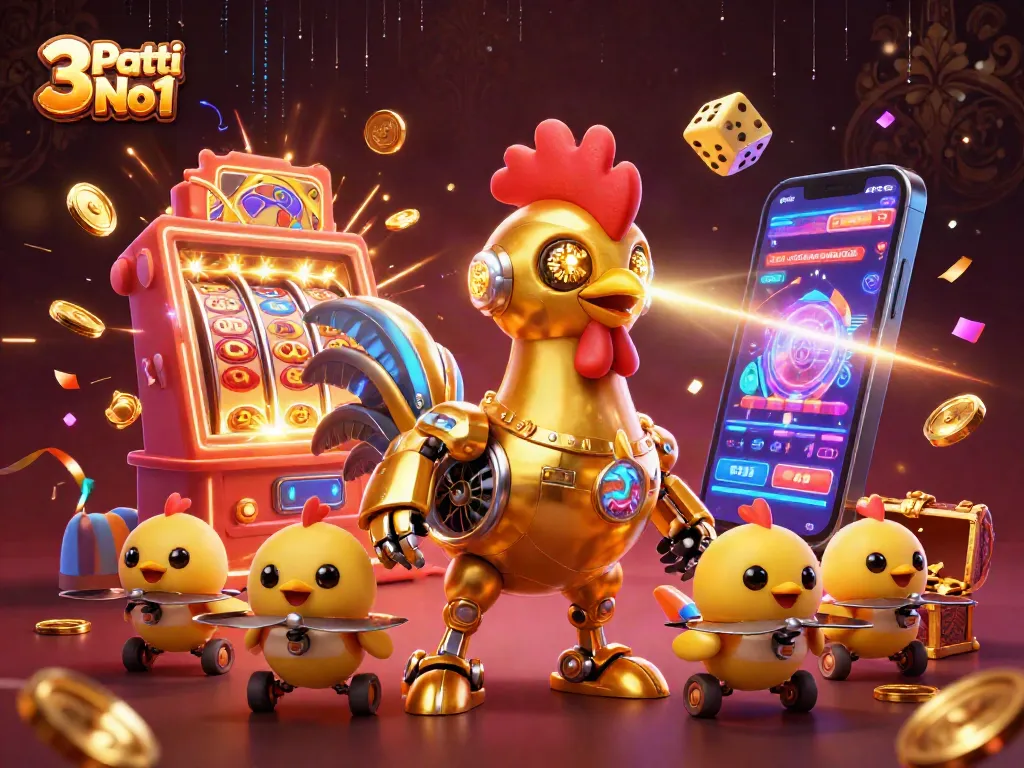 Experience thrilling gameplay in 3 Patti No1 with a vibrant 3D slot machine and a golden rooster robot!