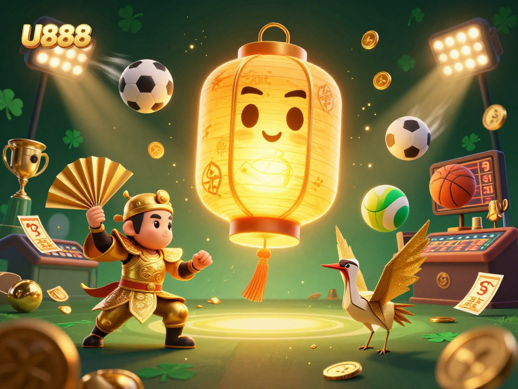 U888 players engaging in an exciting casino experience surrounded by vibrant sports elements and golden symbols.