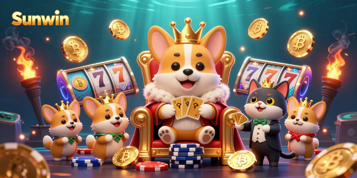 Sunwin casino illustration with a royal corgi, poker elements, and crypto coins winning excitement.