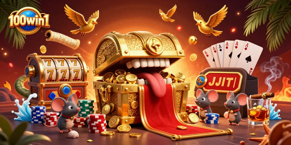 Experience the thrill of 100win1 with a vibrant 3D casino treasure scene filled with riches.